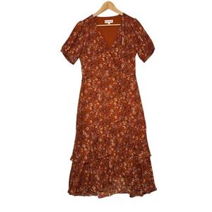 Nanette Lepore Rust Floral Print Bohemian Feminine Front Slit Midi‎ Dress Size 6